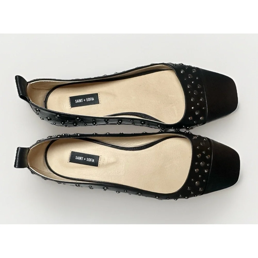 Saint & Sofia Women's US 8 EU 39 Black Gunmetal Studded Leather‎ Ballet Flats